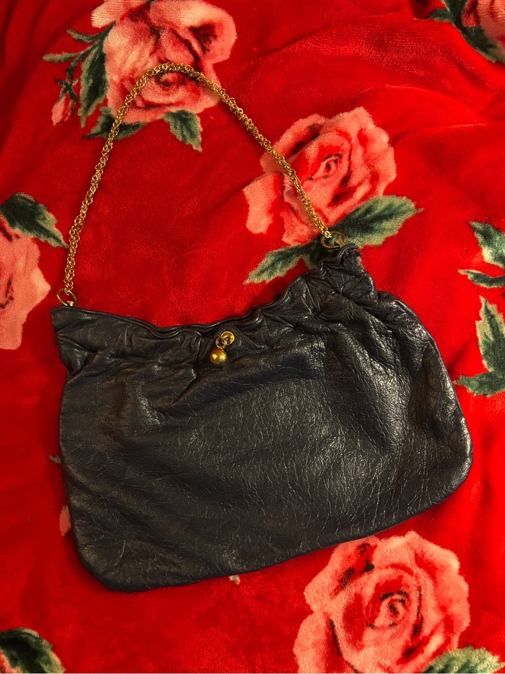 Source Unknown Black Leather Clutch with Gold Chain